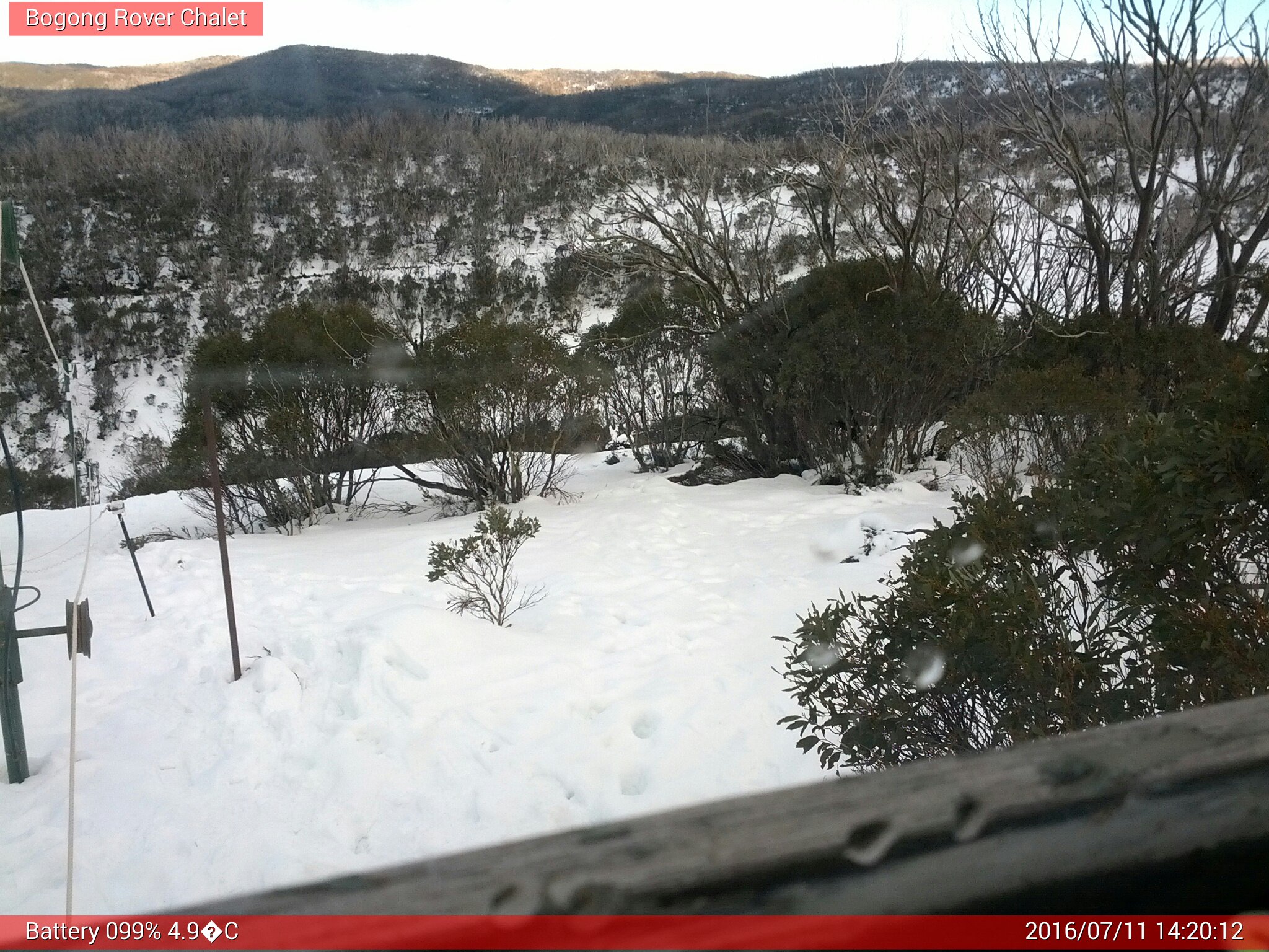 Bogong Web Cam 2:20pm Monday 11th of July 2016