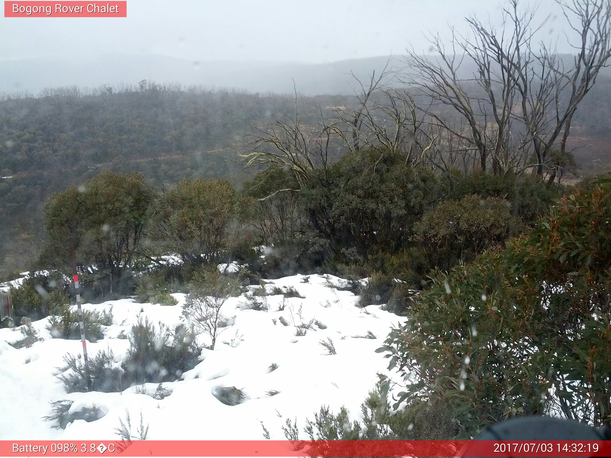 Bogong Web Cam 2:32pm Monday 3rd of July 2017