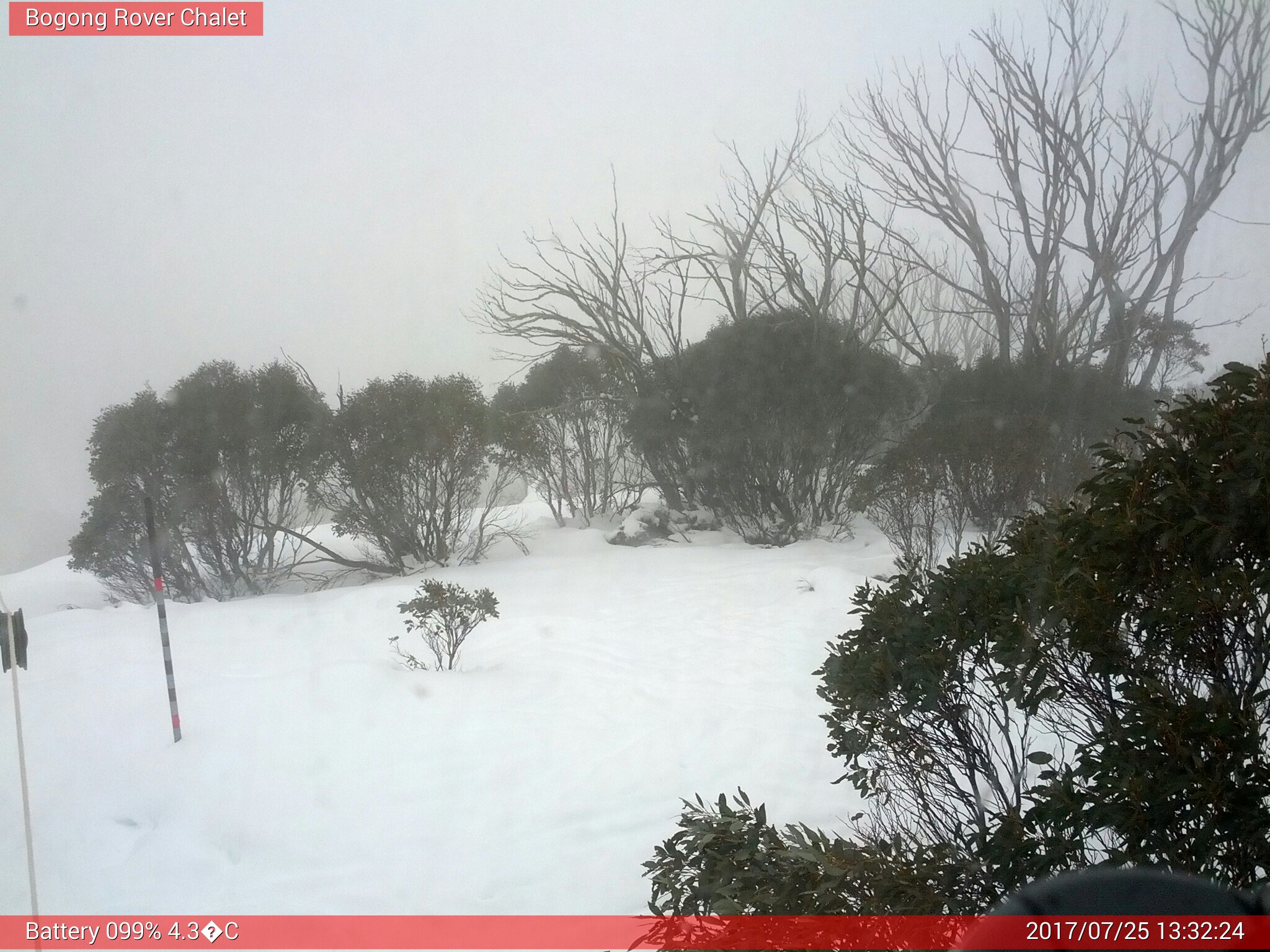 Bogong Web Cam 1:32pm Tuesday 25th of July 2017