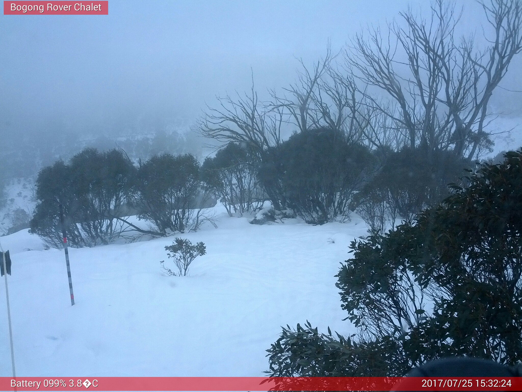 Bogong Web Cam 3:32pm Tuesday 25th of July 2017