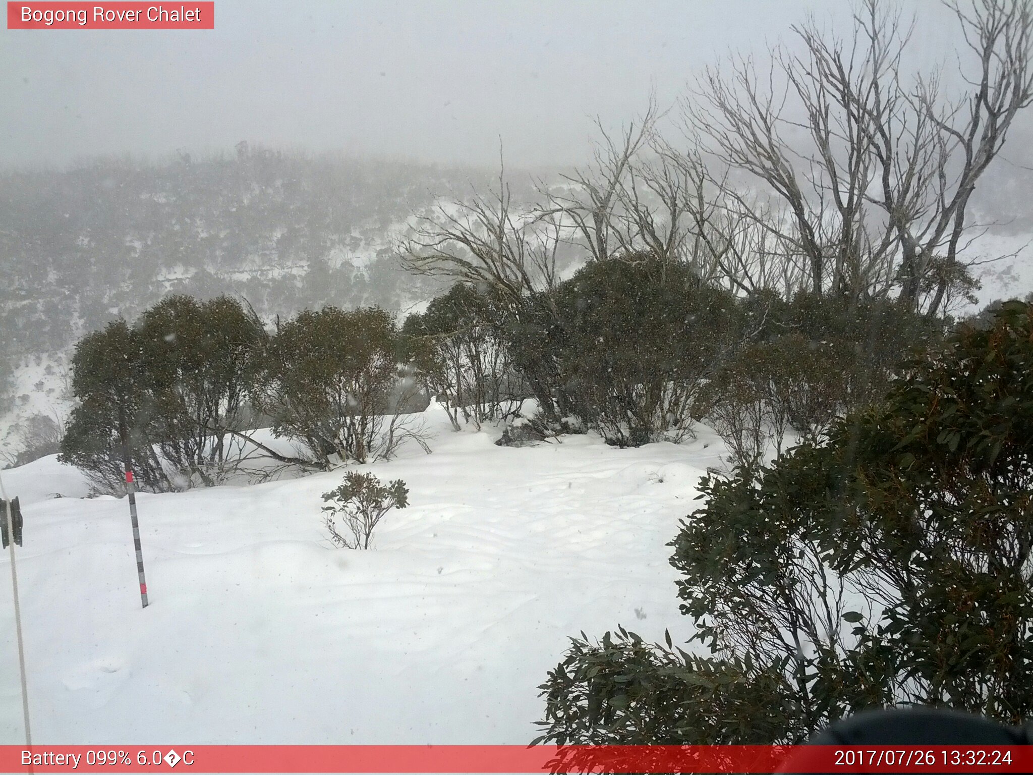 Bogong Web Cam 1:32pm Wednesday 26th of July 2017