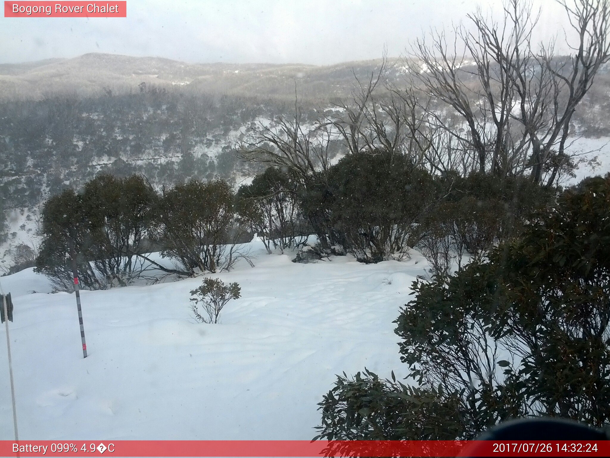 Bogong Web Cam 2:32pm Wednesday 26th of July 2017