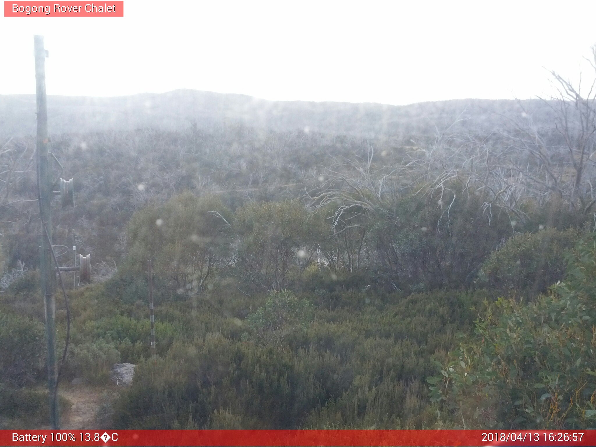 Bogong Web Cam 4:26pm Friday 13th of April 2018