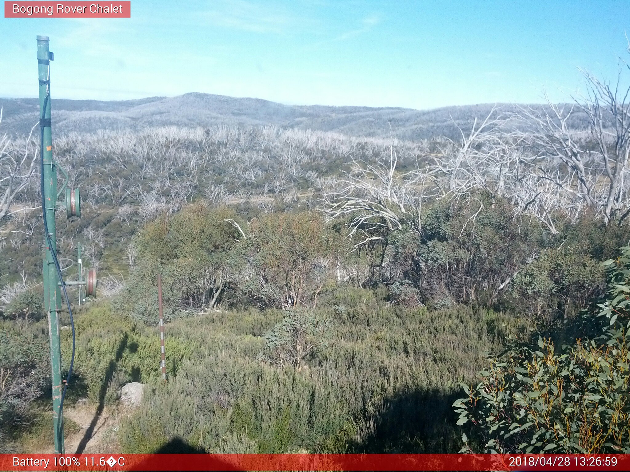 Bogong Web Cam 1:26pm Saturday 28th of April 2018