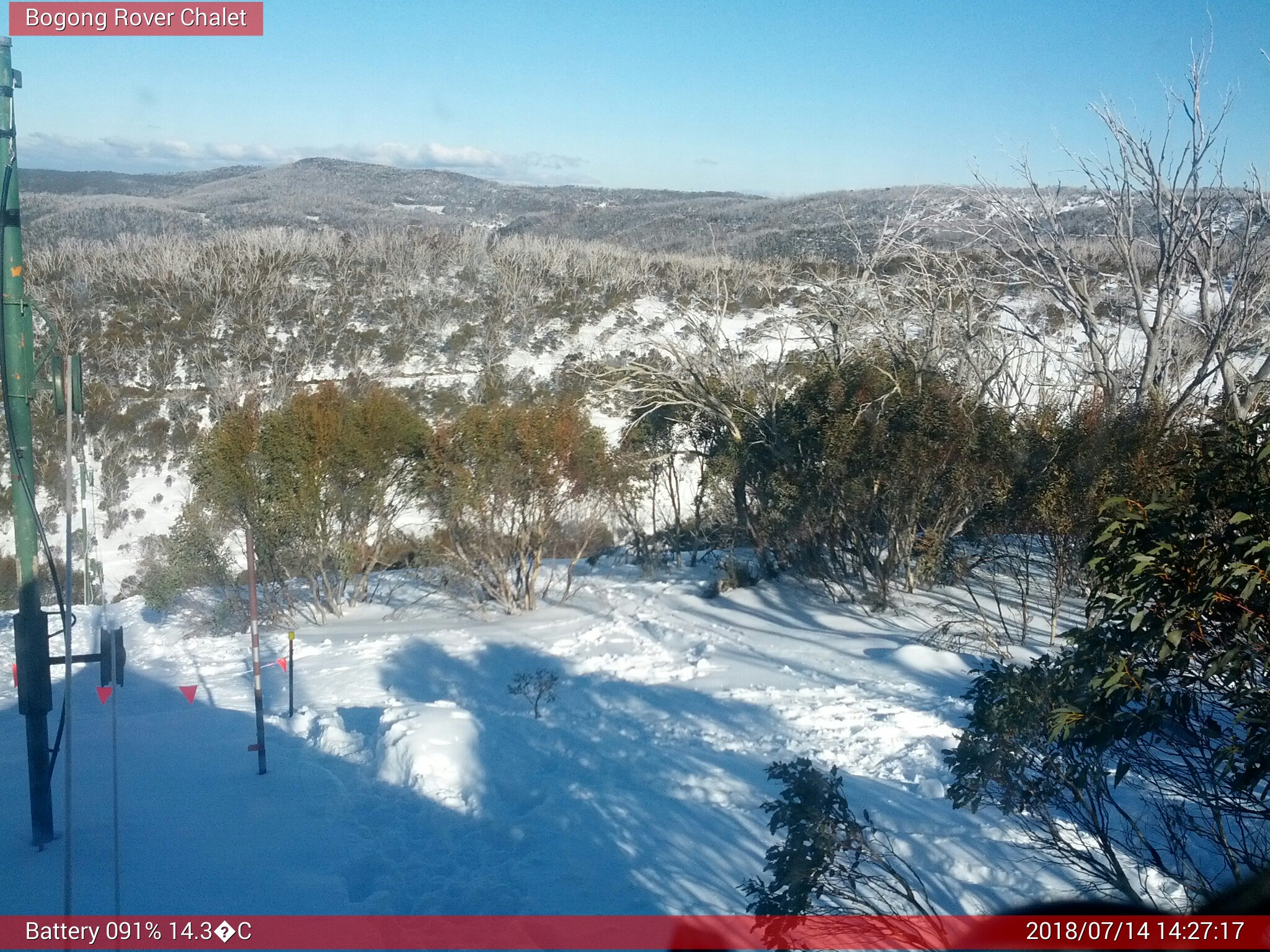 Bogong Web Cam 2:27pm Saturday 14th of July 2018