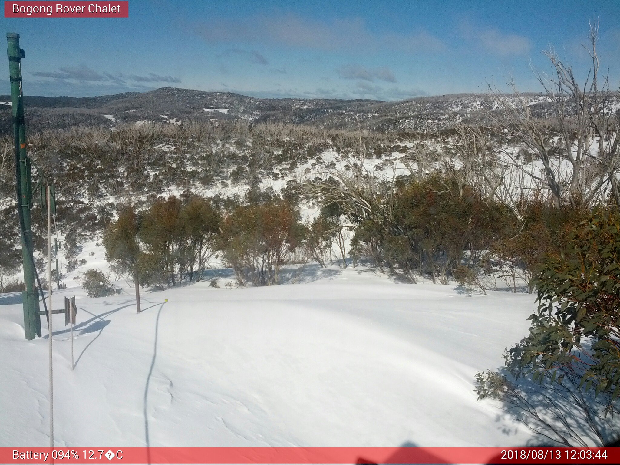 Bogong Web Cam 12:03pm Monday 13th of August 2018