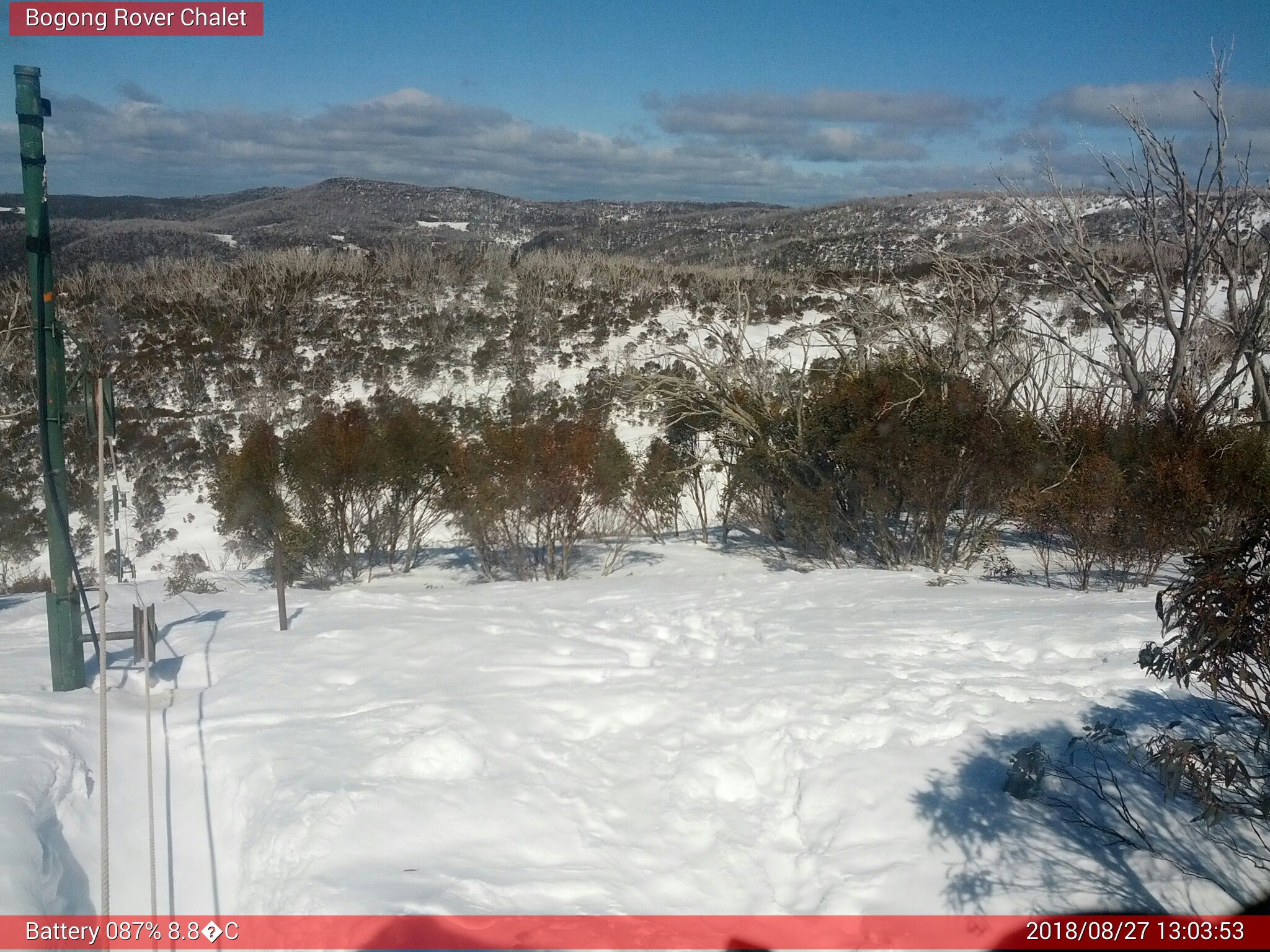 Bogong Web Cam 1:03pm Monday 27th of August 2018