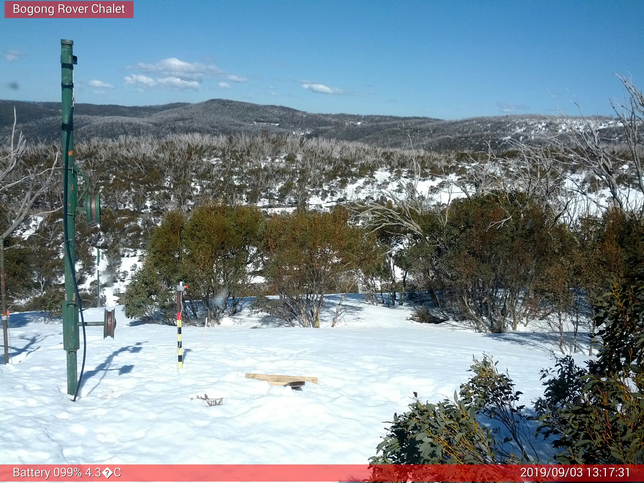 Bogong Web Cam 1:17pm Tuesday 3rd of September 2019