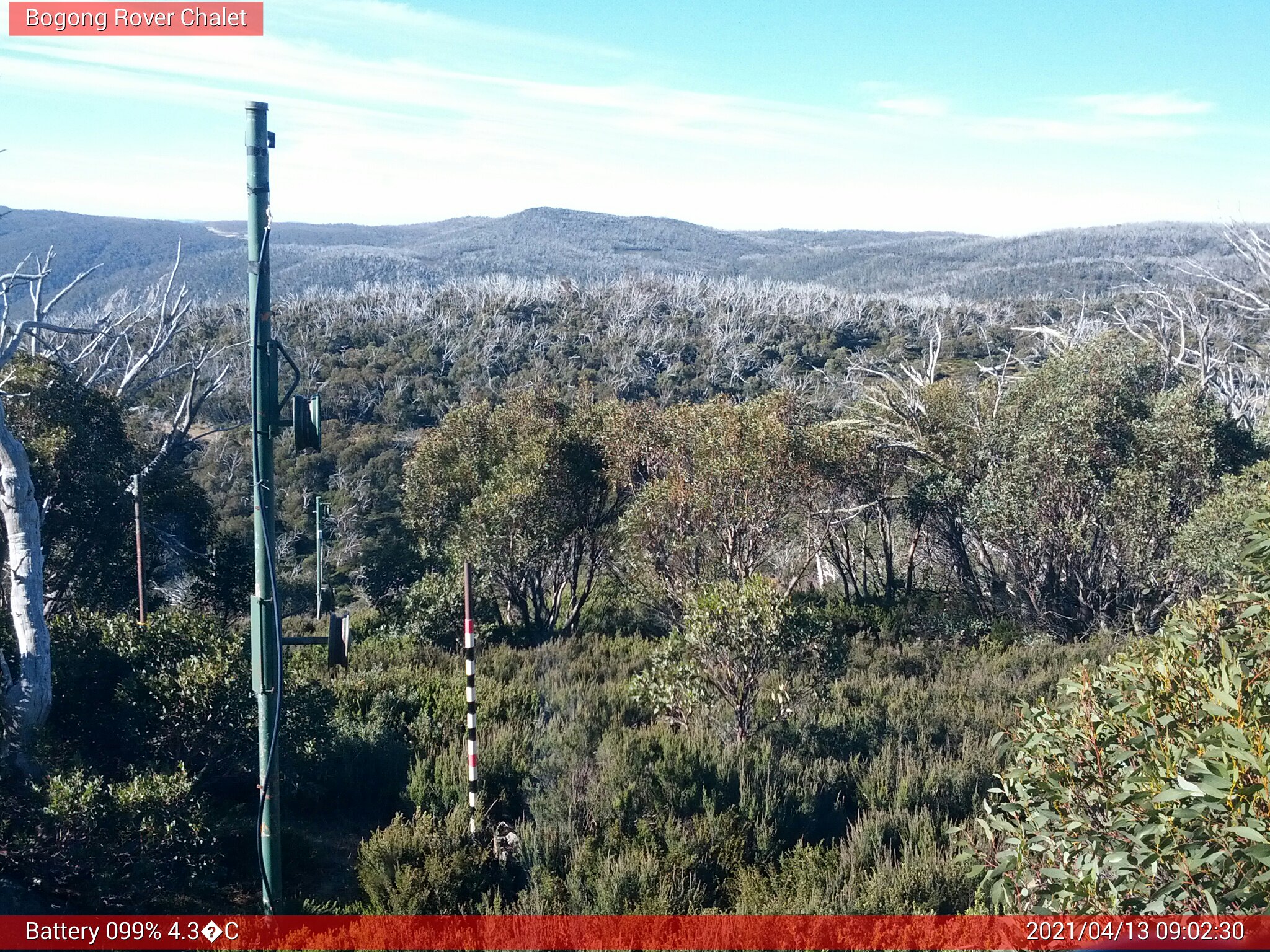 Bogong Web Cam 9:02am Tuesday 13th of April 2021